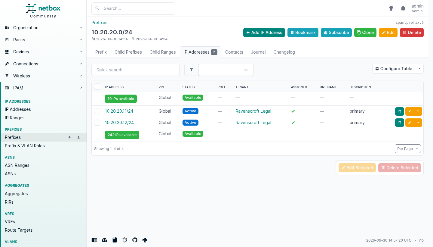 NetBox IP Addresses tab for prefix 10.20.20.0/24, showing a green &ldquo;10 IPs available&rdquo; row, then 10.20.20.11/24 and 10.20.20.12/24 both active and tenanted to Ravenscroft Legal, then a green &ldquo;242 IPs available&rdquo; row