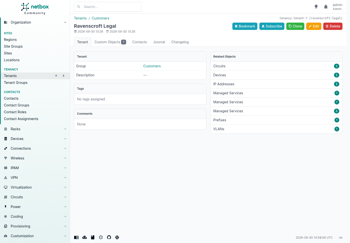 NetBox tenant page for Ravenscroft Legal in the Customers group, with a Related Objects panel listing Circuits 2, Devices 2, IP Addresses 2, Prefixes 1 and VLANs 1, and tabs across the top for Custom Objects, Contacts, Journal and Changelog