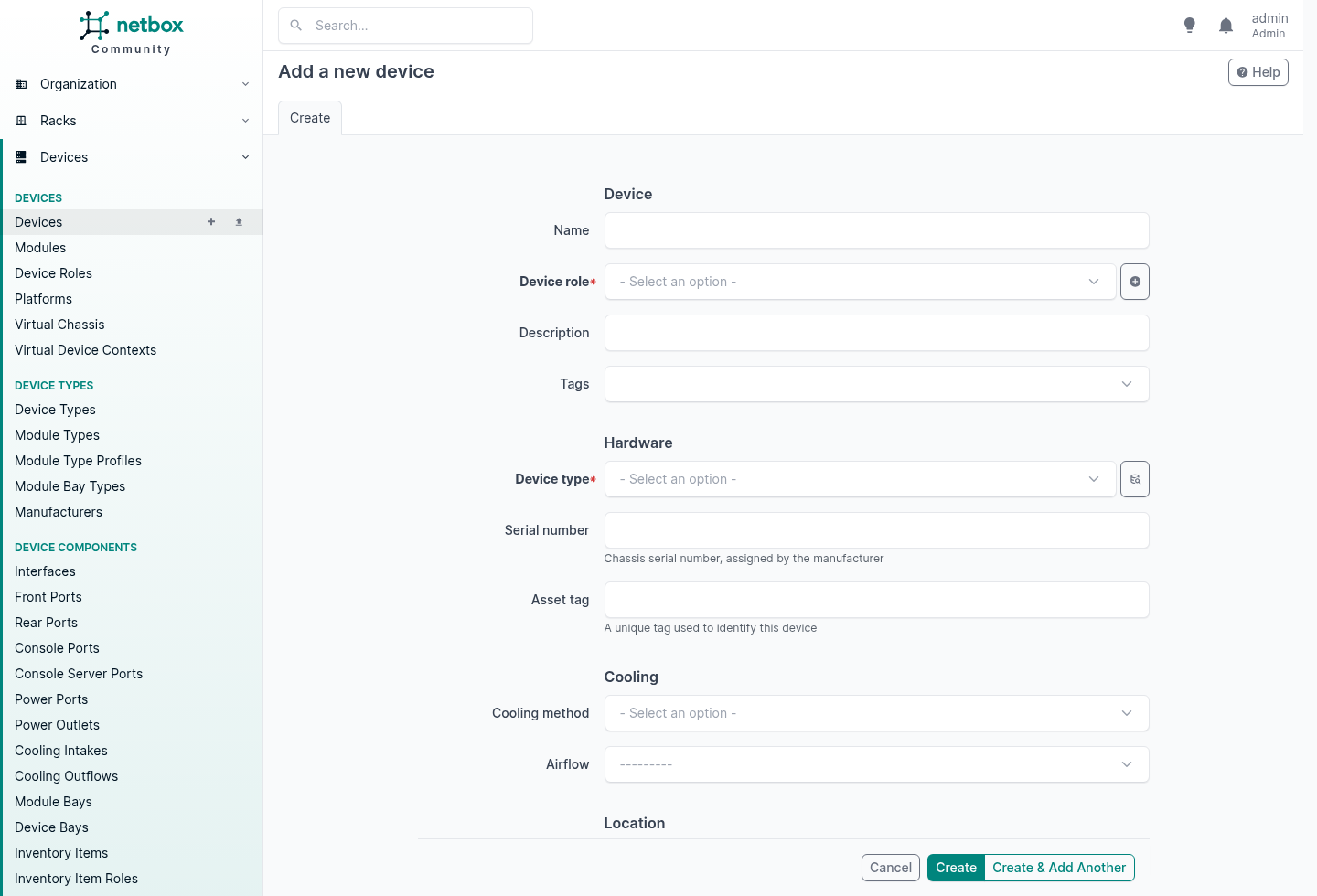 NetBox Add a new device form, showing Name, Device role marked with a red asterisk, Description and Tags under a Device heading, then Device type also marked with a red asterisk under Hardware, followed by Serial number, Asset tag, Cooling method and Airflow
