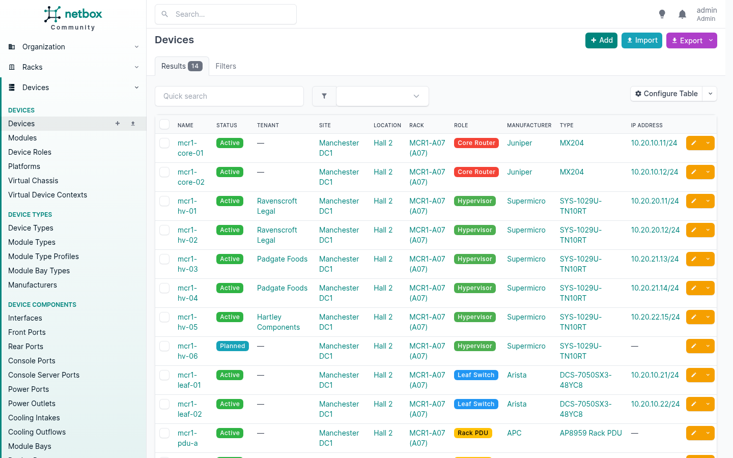 NetBox device list as the admin user, Results 14, showing mcr1-core-01 and 02, mcr1-hv-01 through 06, mcr1-leaf-01 and 02, mcr1-pdu-a and b, and mcr1-pp-01 and 02, with columns for status, tenant, site, location, rack, role, manufacturer, type and IP address