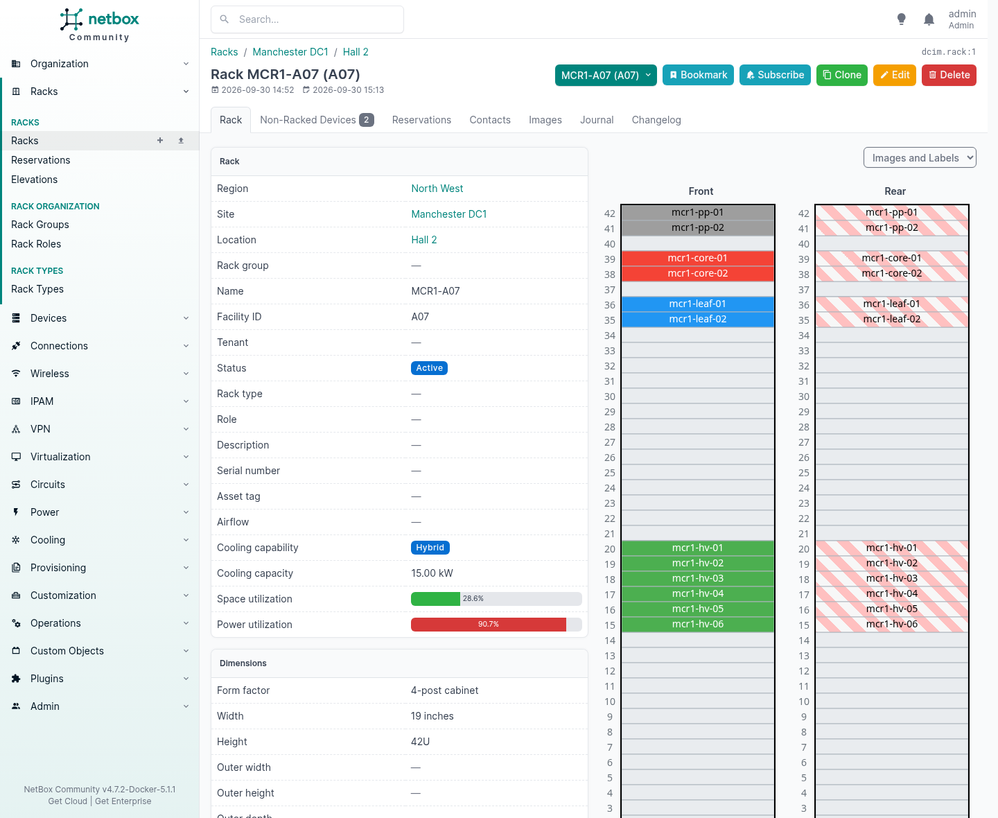 NetBox rack page for MCR1-A07 now showing cooling capability Hybrid, cooling capacity 15.00 kW, space utilisation 28.6 percent in green and power utilisation 90.7 percent in red, alongside the front and rear elevations