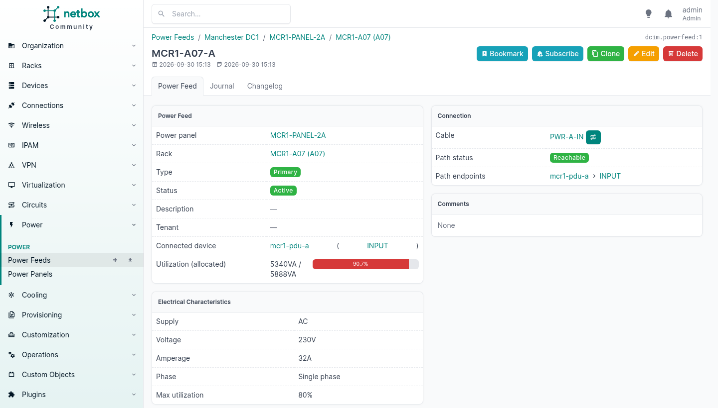 NetBox power feed MCR1-A07-A, type Primary, status Active, connected to mcr1-pdu-a INPUT, showing utilisation allocated 5340VA of 5888VA as a red 90.7 percent bar, with electrical characteristics of AC supply, 230 volts, 32 amps, single phase and 80 percent maximum utilisation