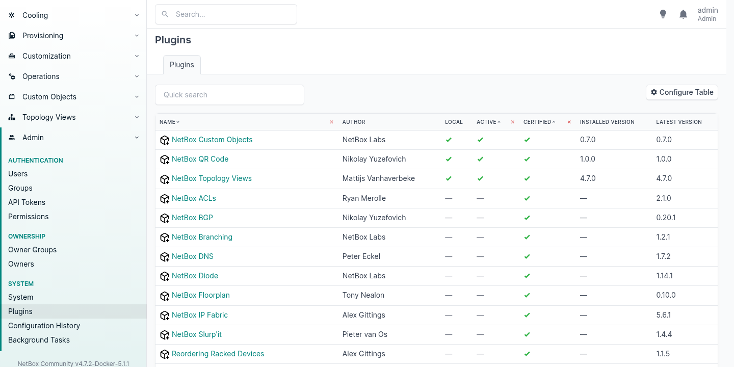 NetBox installed plugins page listing Custom Objects version 0.7.0 by NetBox Labs, Topology views version 4.7.0 by Mattijs Vanhaverbeke, and qrcode version 1.0.0 by Nikolay Yuzefovich