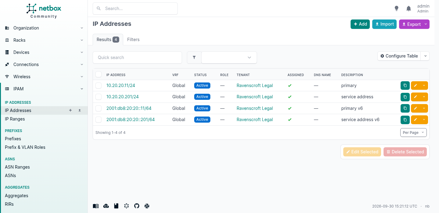 NetBox IP address list filtered to interface eno1 on mcr1-hv-01, showing four addresses: 10.20.20.11/24 marked primary, 10.20.20.201/24 a service address, 2001:db8:20:20::11/64 primary v6, and 2001:db8:20:20::201/64 a service address, all tenanted to Ravenscroft Legal