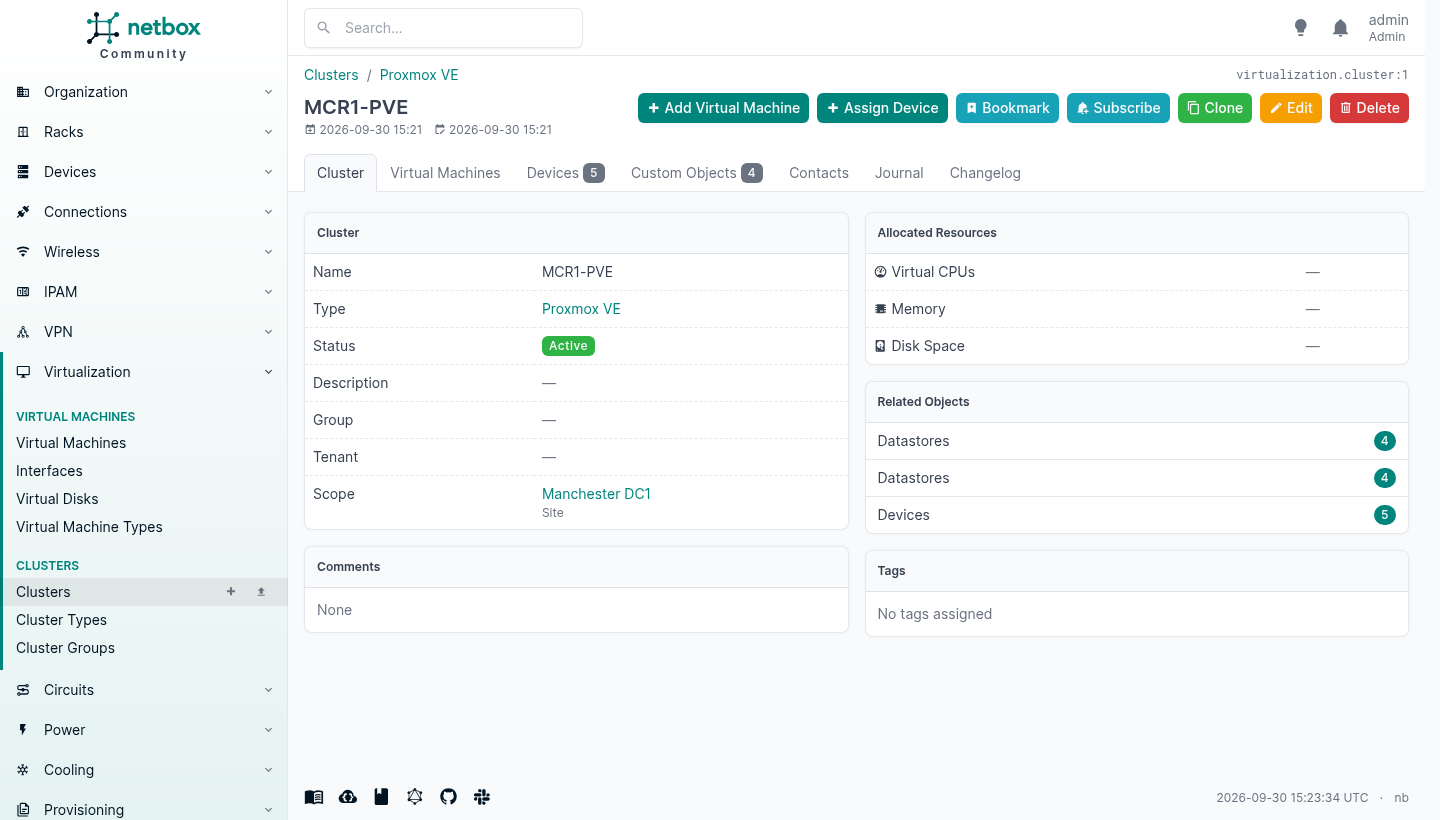 NetBox cluster page for MCR1-PVE, a Proxmox VE cluster scoped to Manchester DC1, with a Custom Objects tab showing the datastores that reference it