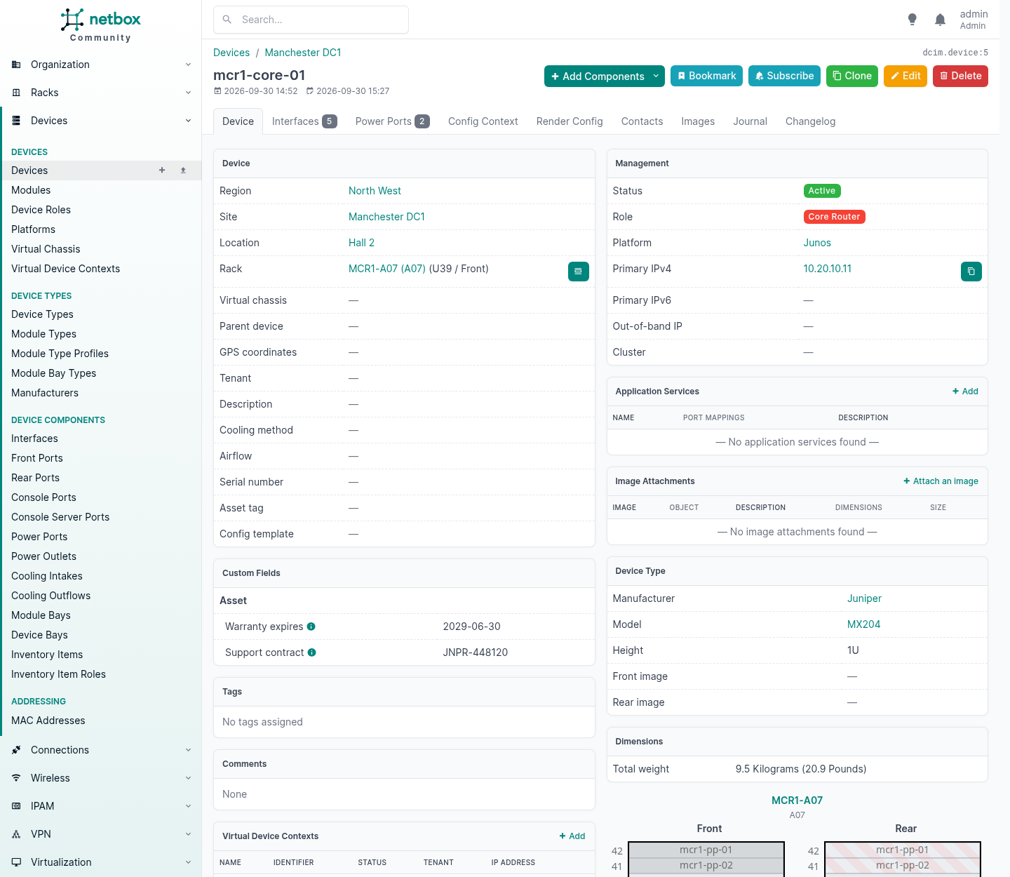 NetBox device page for mcr1-core-01 showing a Custom Fields panel with an Asset group containing Warranty expires 2029-06-30 and Support contract JNPR-448120, alongside the Device Type panel showing Juniper MX204 and a Dimensions panel showing total weight 9.5 kilograms