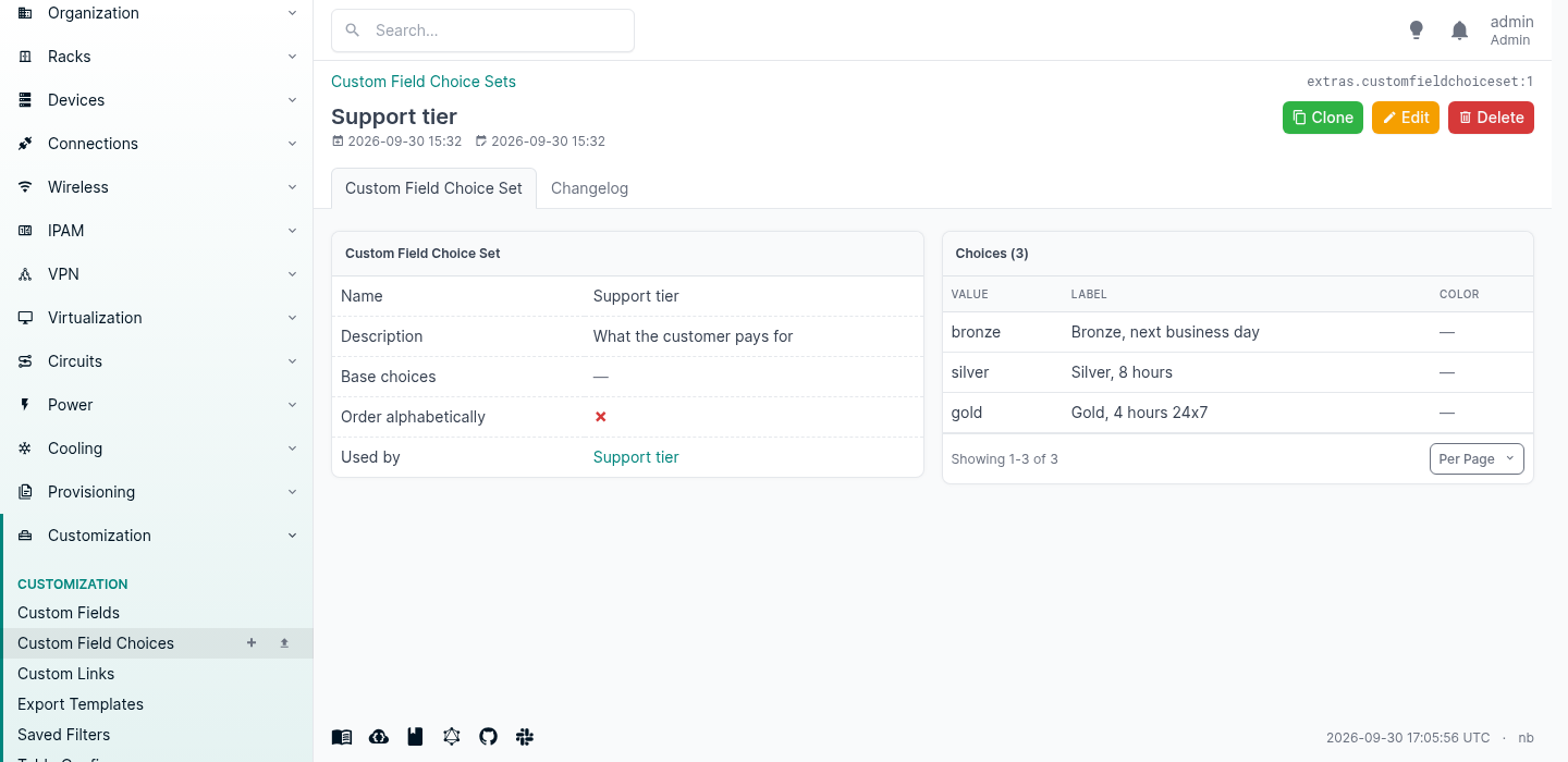 NetBox custom field choice set named Support tier, described as what the customer pays for, listing three choices: bronze for next business day, silver for 8 hours, and gold for 4 hours 24x7
