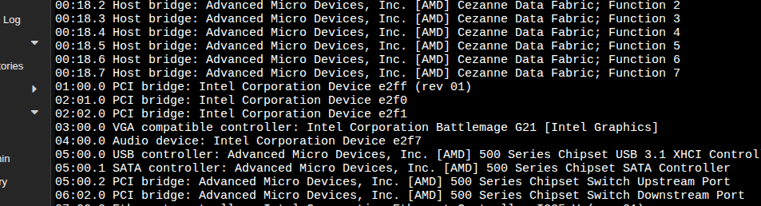 lspci output on the Proxmox host showing 03:00.0 VGA compatible controller: Intel Corporation Battlemage G21