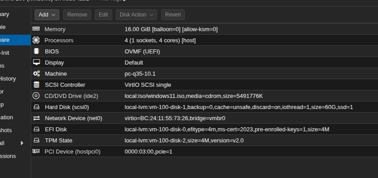 Proxmox VM hardware tab showing 16 GiB memory, 4 host cores, OVMF UEFI, machine pc-q35-10.1, VirtIO SCSI single, a TPM state device, and PCI Device hostpci0 set to 0000:03:00 with pcie=1