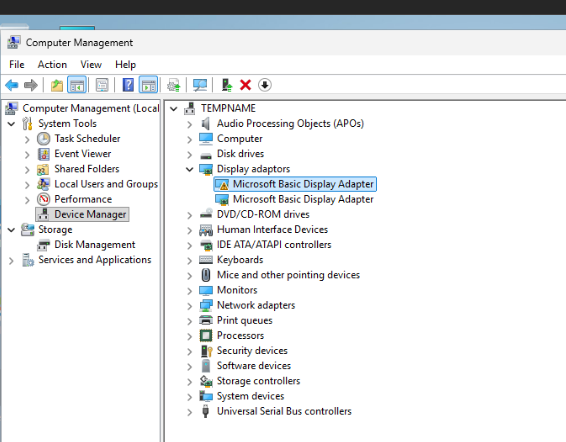 Windows Computer Management, Device Manager, Display adaptors showing two Microsoft Basic Display Adapter entries, one flagged with a warning