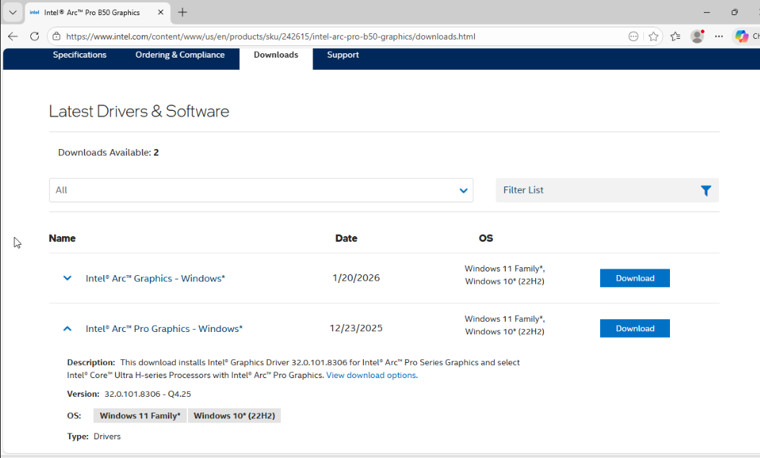 Intel&rsquo;s Arc Pro B50 Graphics downloads page listing Intel Arc Pro Graphics for Windows, version 32.0.101.8306 Q4.25, dated 23 December 2025