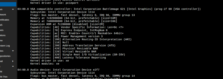 lspci -v output for 03:00.0 showing kernel driver in use xe, IOMMU group 13, and capabilities including Alternative Routing-ID Interpretation, Address Translation Service, Physical Resizable BAR, Virtual Resizable BAR and Single Root I/O Virtualization at 320