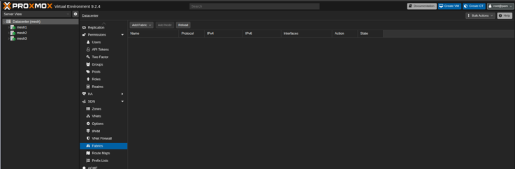 Proxmox Datacenter SDN Fabrics view with the Add Fabric button
