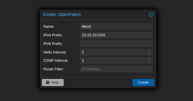 Create OpenFabric dialog with Name set to Mesh, IPv4 Prefix 10.10.10.0/24, Hello Interval 1 and CSNP Interval 1