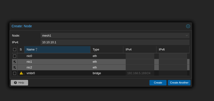 Create Node dialog for mesh1 with IPv4 10.10.10.1 and nic1 and nic2 selected
