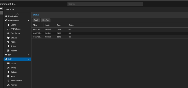 SDN Status view with Apply and Dry-Run buttons, showing zone status ok on all three nodes