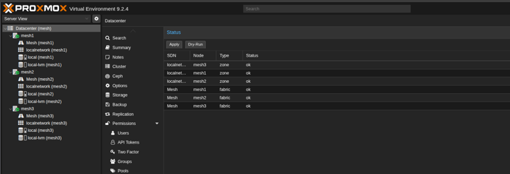 SDN Status showing both zone and fabric entries with status ok on mesh1, mesh2 and mesh3