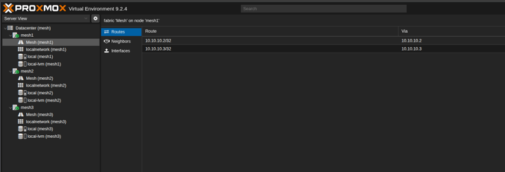 Fabric Mesh on node mesh1, Routes tab showing 10.10.10.2/32 via 10.10.10.2 and 10.10.10.3/32 via 10.10.10.3