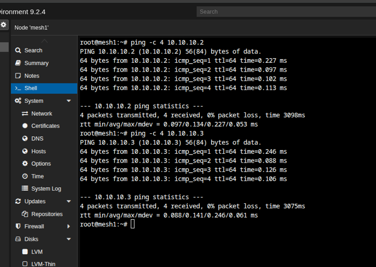 Shell on node mesh1 pinging 10.10.10.2 and 10.10.10.3, four packets each, 0% packet loss, average round trip 0.134 ms and 0.141 ms